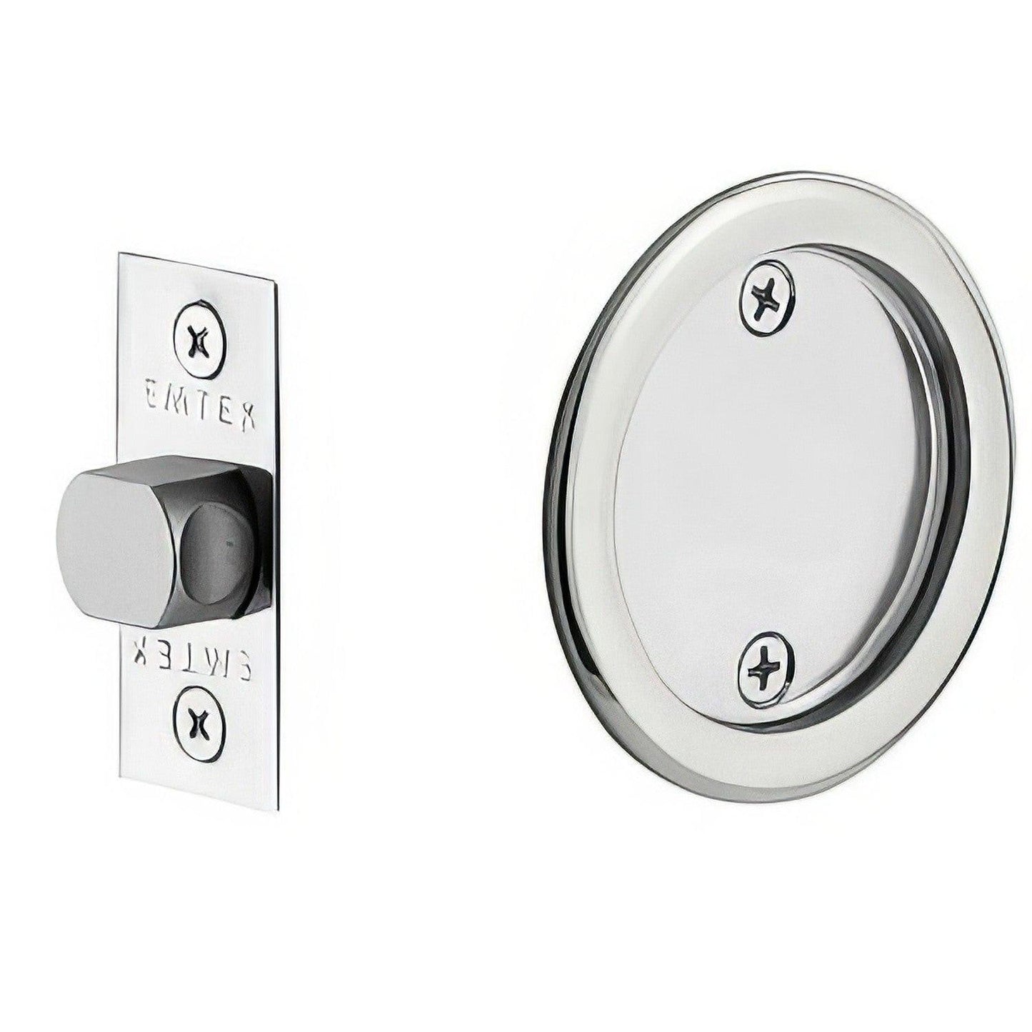 Emtek 2144US Round Passage Pocket Door Tubular Lock with Passage Strike Plate.