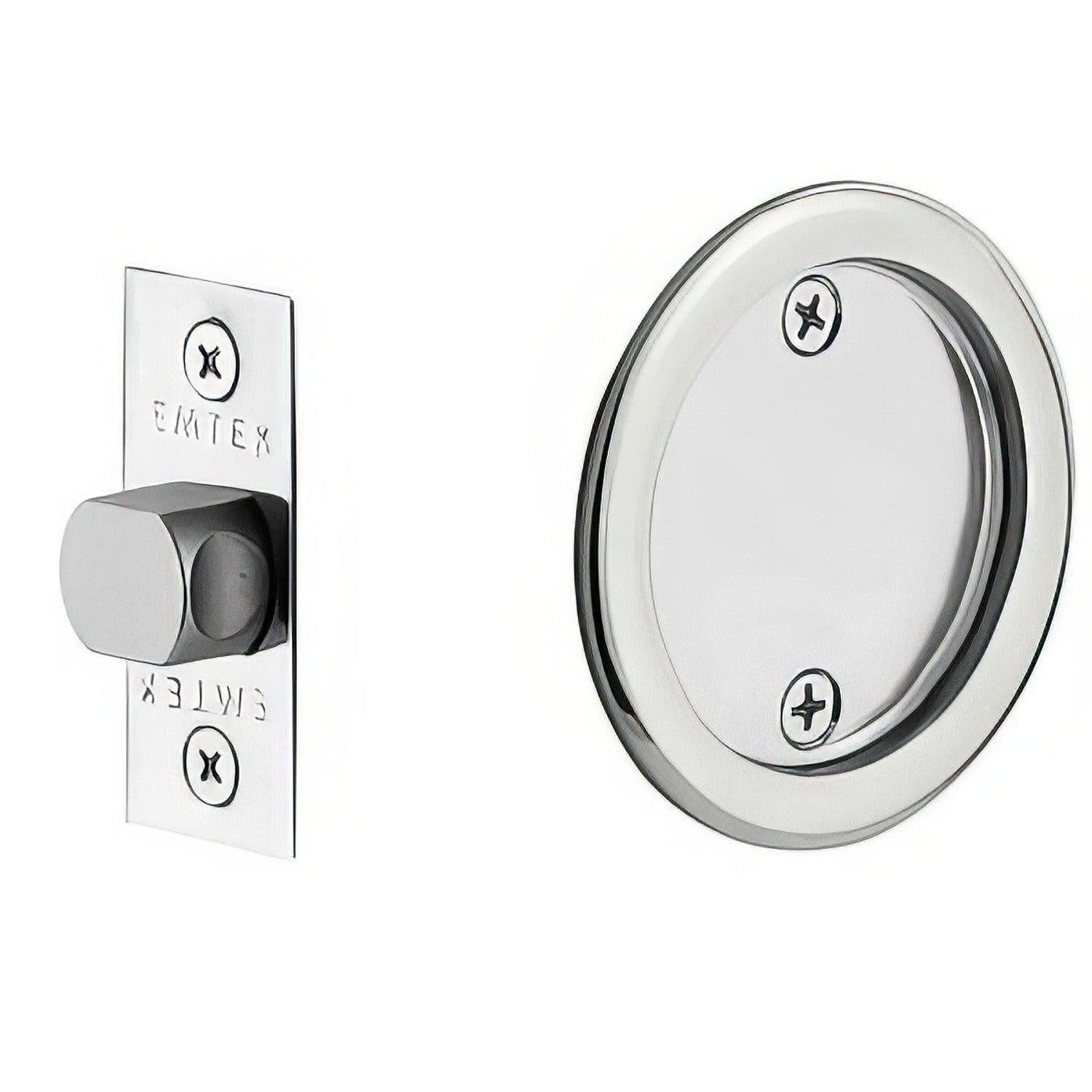 Emtek 2144US Round Passage Pocket Door Tubular Lock with Passage Strike Plate.