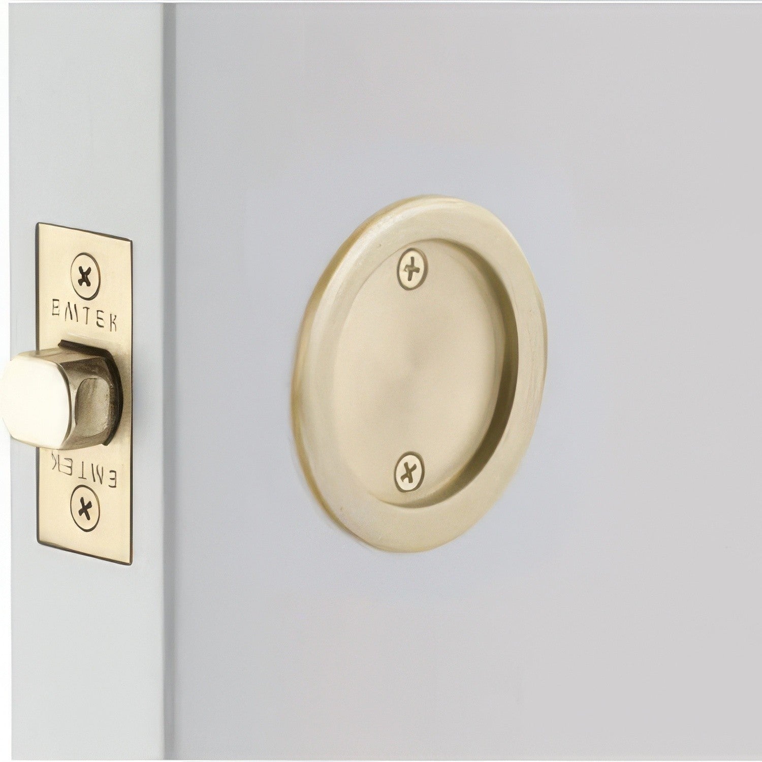 Emtek 2144US Round Passage Pocket Door Tubular Lock with Passage Strike Plate.
