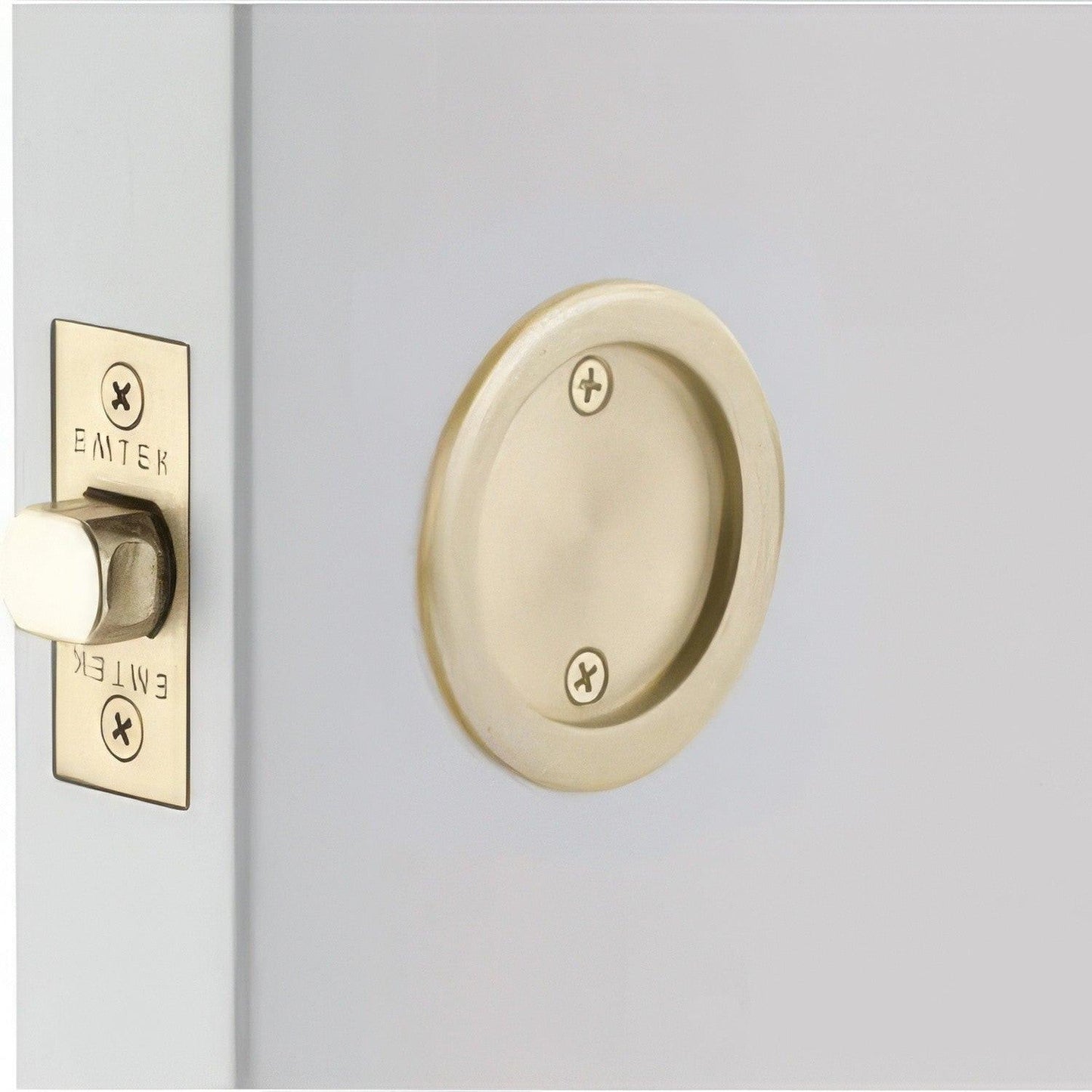 Emtek 2144US Round Passage Pocket Door Tubular Lock with Passage Strike Plate.