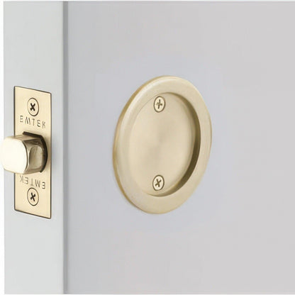 Emtek 2144US Round Passage Pocket Door Tubular Lock with Passage Strike Plate.