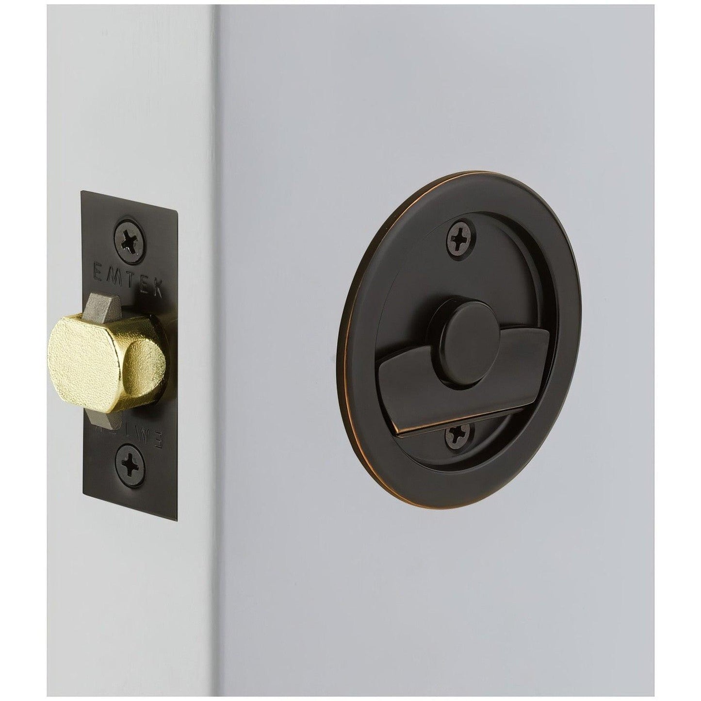 Emtek 2145US Round Privacy Pocket Door Tubular Lock with Privacy Strike Plate and Dust Box.