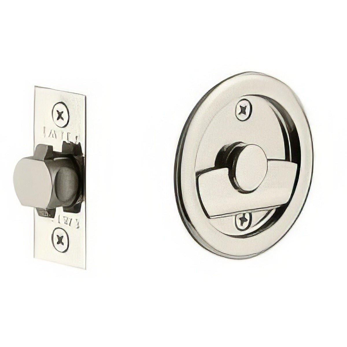 Emtek 2145US Round Privacy Pocket Door Tubular Lock with Privacy Strike Plate and Dust Box.