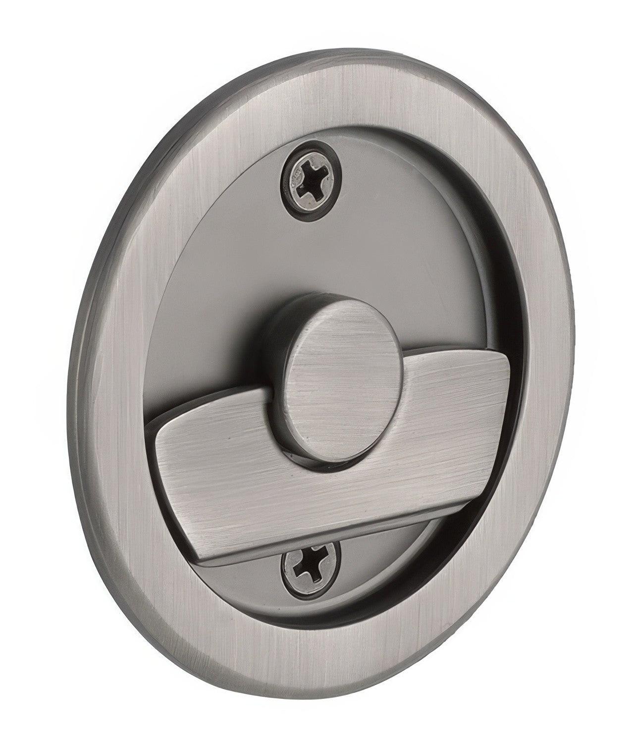 Emtek 2145US Round Privacy Pocket Door Tubular Lock with Privacy Strike Plate and Dust Box.