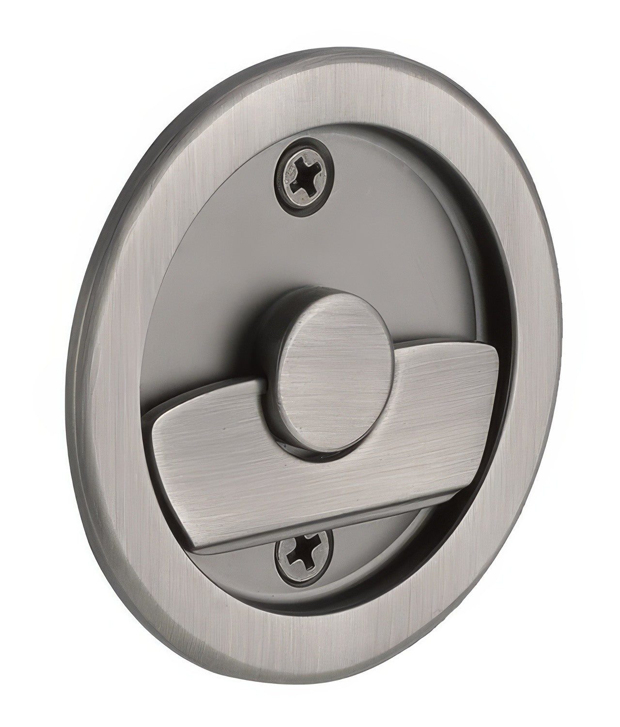 Emtek 2145US Round Privacy Pocket Door Tubular Lock with Privacy Strike Plate and Dust Box.