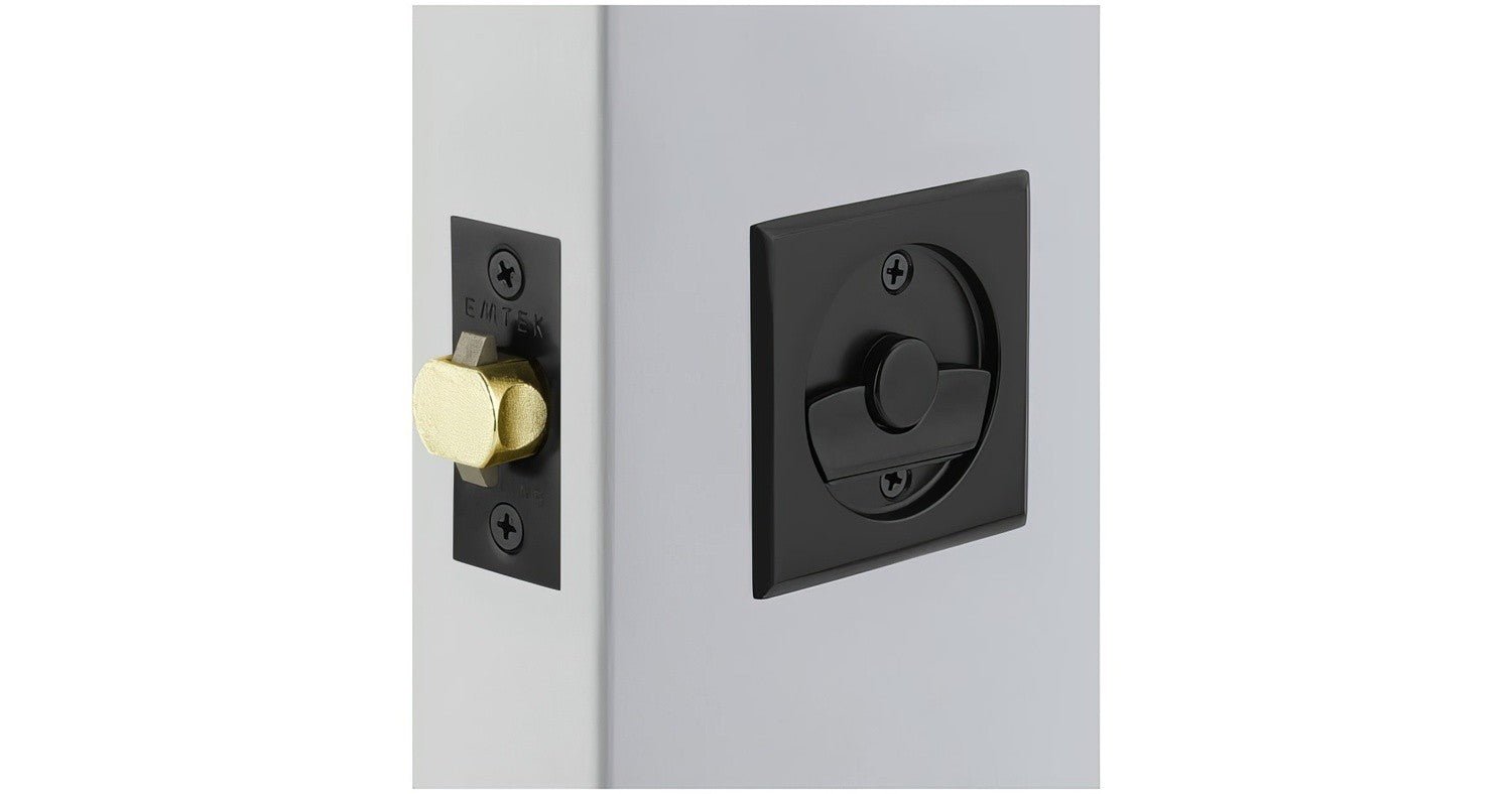 Emtek 2145US Round Privacy Pocket Door Tubular Lock with Privacy Strike Plate and Dust Box.