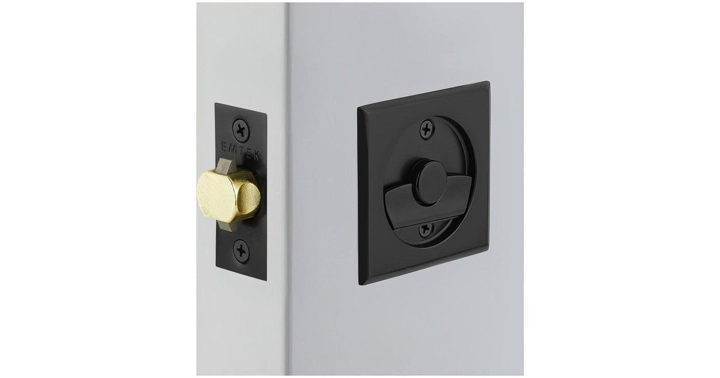 Emtek 2145US Round Privacy Pocket Door Tubular Lock with Privacy Strike Plate and Dust Box.
