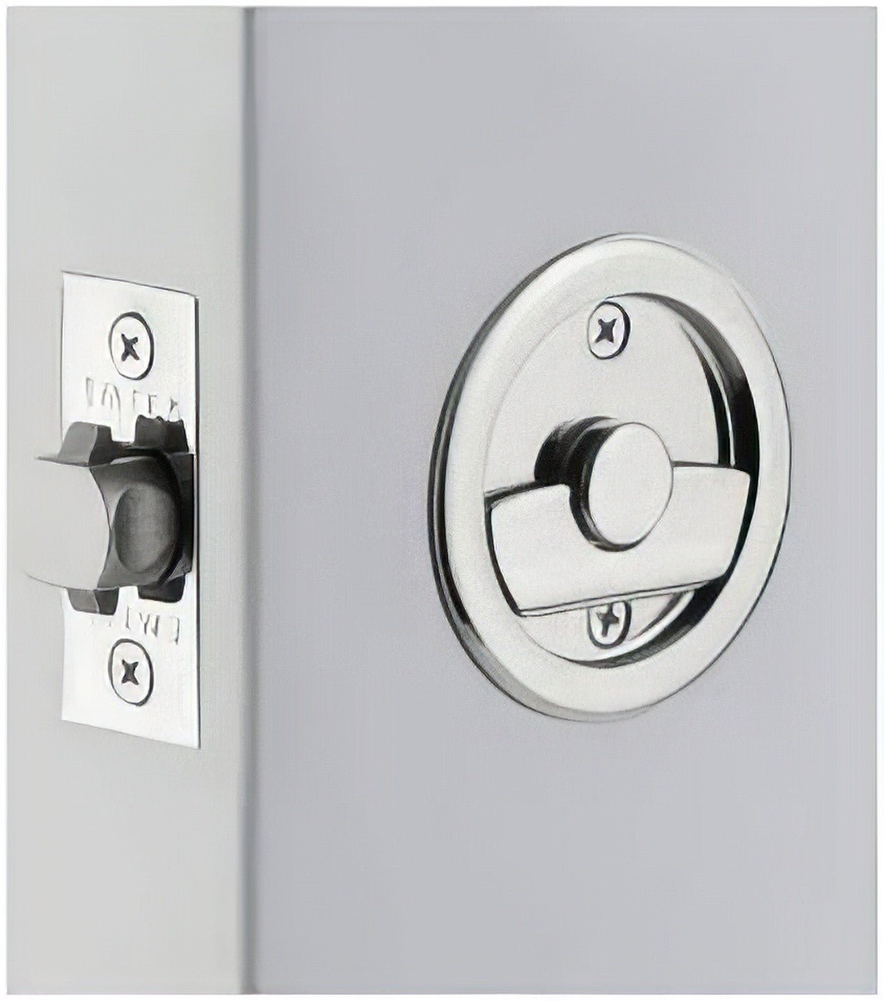 Emtek 2145US Round Privacy Pocket Door Tubular Lock with Privacy Strike Plate and Dust Box.