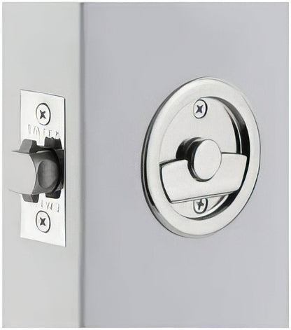 Emtek 2145US Round Privacy Pocket Door Tubular Lock with Privacy Strike Plate and Dust Box.