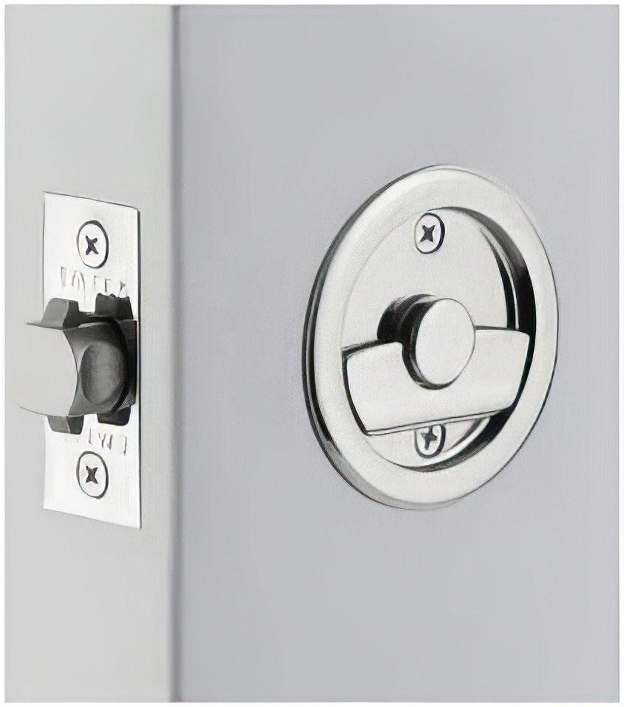 Emtek 2145US Round Privacy Pocket Door Tubular Lock with Privacy Strike Plate and Dust Box.