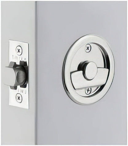 Emtek 2145US Round Privacy Pocket Door Tubular Lock with Privacy Strike Plate and Dust Box.