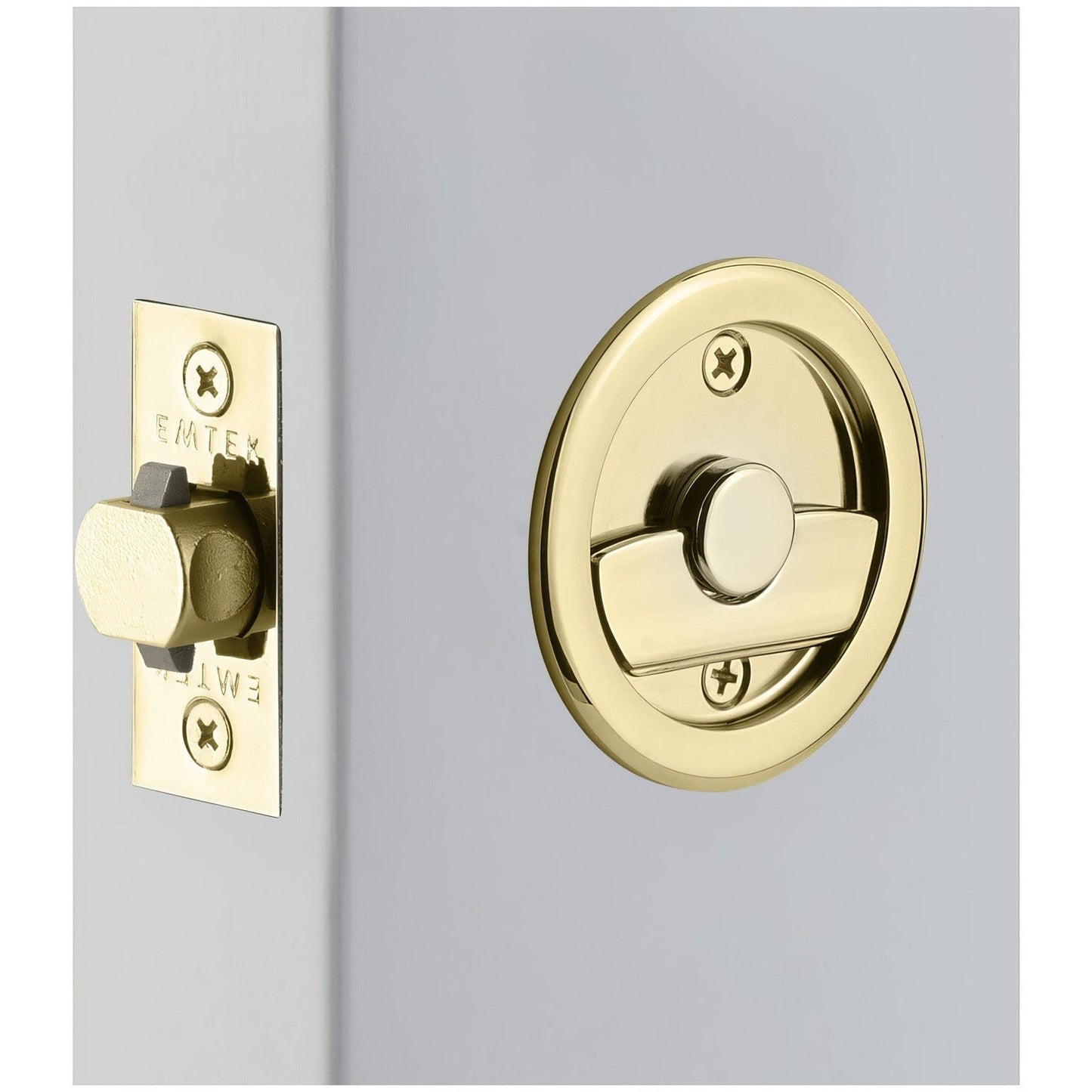 Emtek 2145US Round Privacy Pocket Door Tubular Lock with Privacy Strike Plate and Dust Box.