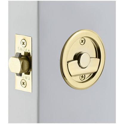 Emtek 2145US Round Privacy Pocket Door Tubular Lock with Privacy Strike Plate and Dust Box.