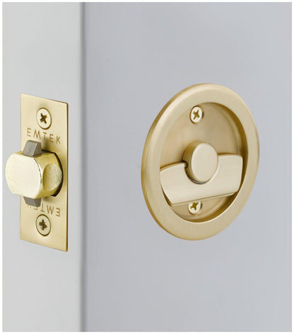 Emtek 2145US Round Privacy Pocket Door Tubular Lock with Privacy Strike Plate and Dust Box.