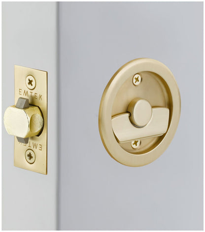 Emtek 2145US Round Privacy Pocket Door Tubular Lock with Privacy Strike Plate and Dust Box.