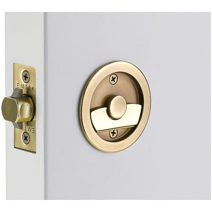 Emtek 2145US Round Privacy Pocket Door Tubular Lock with Privacy Strike Plate and Dust Box.