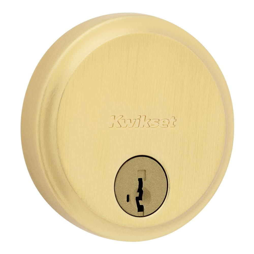 Kwikset 258-4S.STRKP Hometown Low Profile Single Cylinder SmartKey Deadbolt with 6AL Latch and STRKP Strike Pack which includes Square Corner, Round Corner and 5303 Round Corner Full Lip Strikes KA3 Satin Brass Finish.
