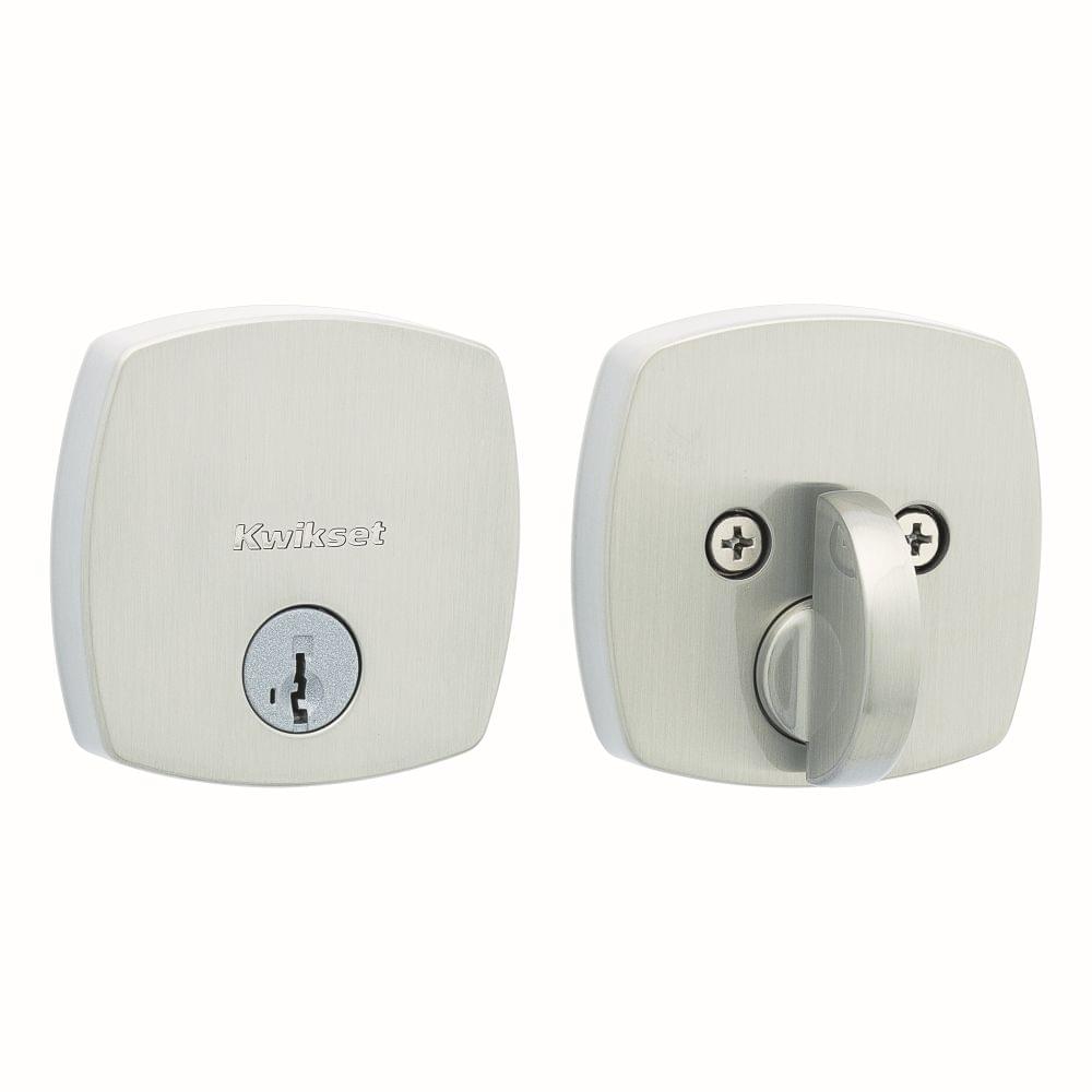 Kwikset 258MDT-15S.STRKP Midtown Contemporary Low Profile Single Cylinder SmartKey Deadbolt with 6AL Latch and STRKP Strike Pack which includes Square Corner, Round Corner and 5303 Round Corner Full Lip Strikes KA3 Satin Nickel Finish.
