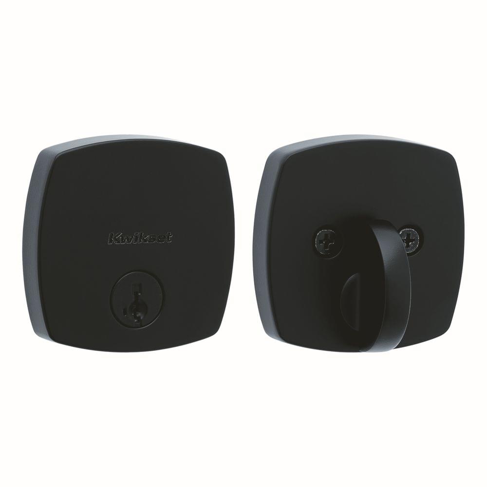 Kwikset 258MDT-514S.STRKP Midtown Contemporary Low Profile Single Cylinder SmartKey Deadbolt with 6AL Latch and STRKP Strike Pack which includes Square Corner, Round Corner and 5303 Round Corner Full Lip Strikes KA3 Matte Black Finish.