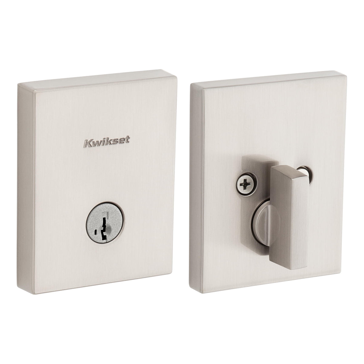 Kwikset 258RCT-15S.STRKP Rectangular Contemporary Low Profile Single Cylinder SmartKey Deadbolt with 6AL Latch and STRKP Strike Pack which includes Square Corner, Round Corner and 5303 Round Corner Full Lip Strikes KA3 Satin Nickel Finish.