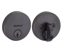 Kwikset 258RDT-11PS.STRKP Uptown Round Contemporary Low Profile Single Cylinder SmartKey Deadbolt with 6AL Latch and STRKP Strike Pack which includes Square Corner, Round Corner and 5303 Round Corner Full Lip Strikes KA3 Venetian Bronze Finish.