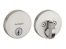 Kwikset 258RDT-15S.STRKP Uptown Round Contemporary Low Profile Single Cylinder SmartKey Deadbolt with 6AL Latch and STRKP Strike Pack which includes Square Corner, Round Corner and 5303 Round Corner Full Lip Strikes KA3 Satin Nickel Finish.