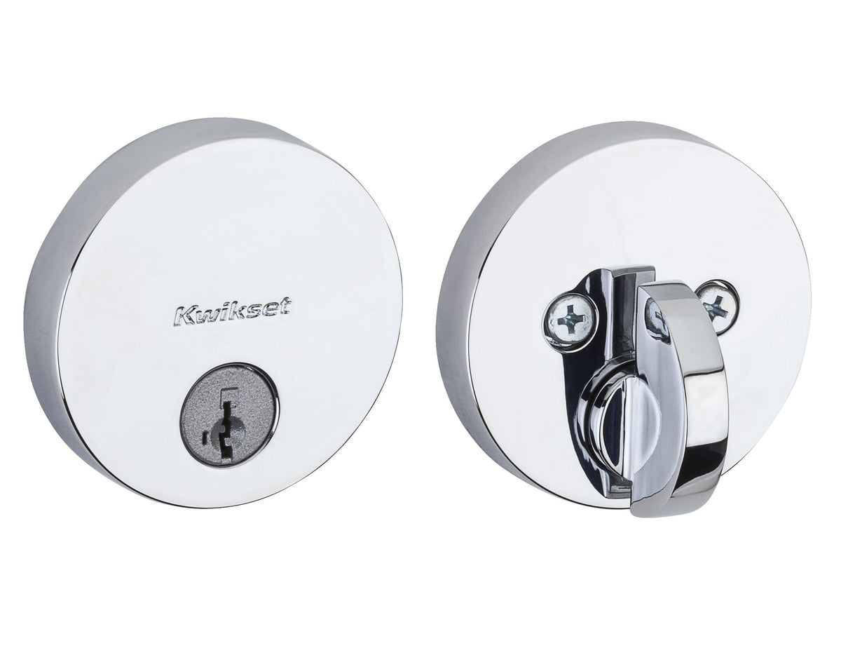 Kwikset 258RDT-26S.STRKP Uptown Round Contemporary Low Profile Single Cylinder SmartKey Deadbolt with 6AL Latch and STRKP Strike Pack which includes Square Corner, Round Corner and 5303 Round Corner Full Lip Strikes KA3 Bright Chrome Finish.