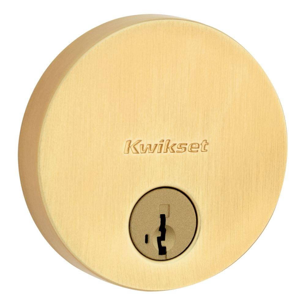 Kwikset 258RDT-4S.STRKP Uptown Round Contemporary Low Profile Single Cylinder SmartKey Deadbolt with 6AL Latch and STRKP Strike Pack which includes Square Corner, Round Corner and 5303 Round Corner Full Lip Strikes KA3 Satin Brass Finish.