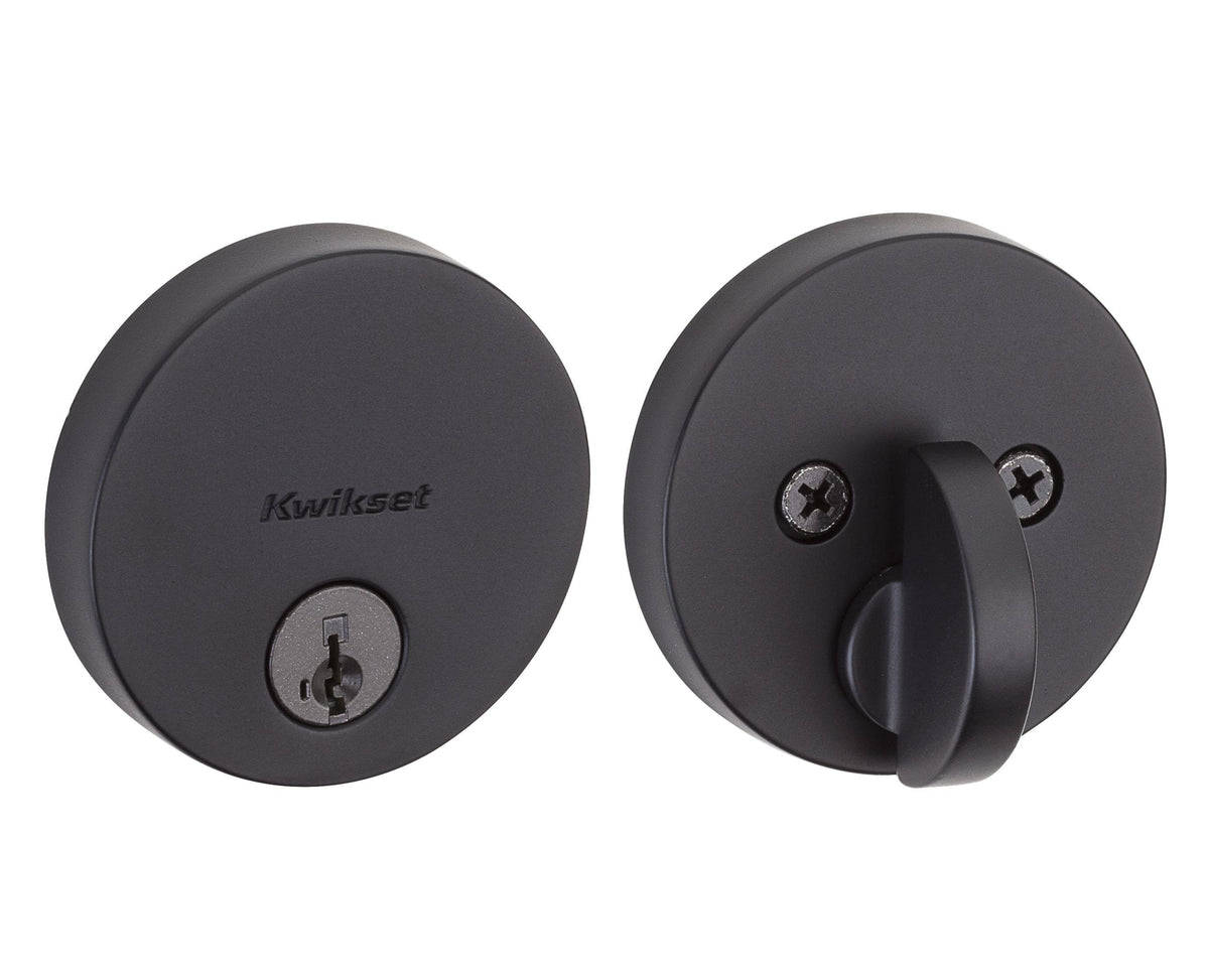 Kwikset 258RDT-514S.STRKP Uptown Round Contemporary Low Profile Single Cylinder SmartKey Deadbolt with 6AL Latch and STRKP Strike Pack which includes Square Corner, Round Corner and 5303 Round Corner Full Lip Strikes KA3 Matte Black Finish.