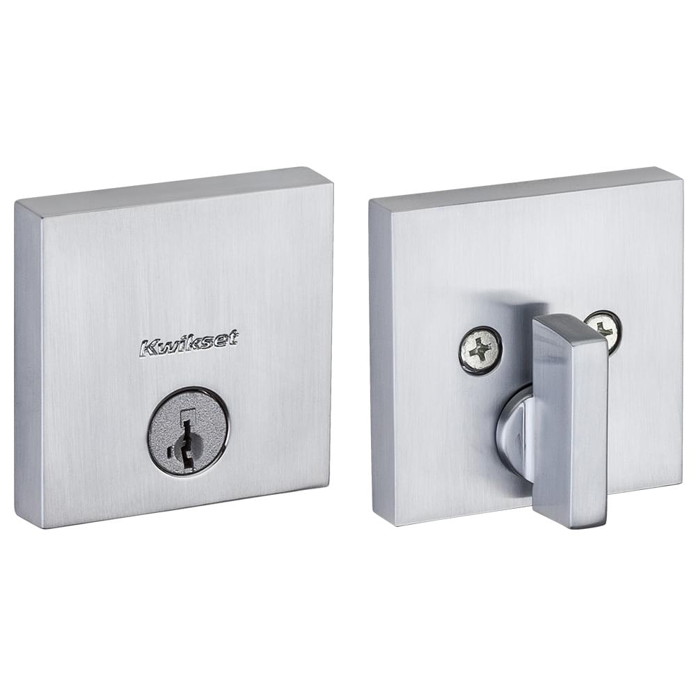 Kwikset 258SQT-26DS.STRKP Downtown Square Contemporary Low Profile Single Cylinder SmartKey Deadbolt with 6AL Latch and STRKP Strike Pack which includes Square Corner; Round Corner and 5303 Round Corner Full Lip Strikes KA3 Satin Chrome Finish.