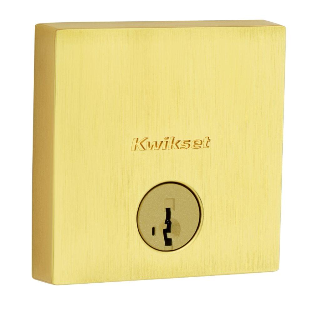 Kwikset 258SQT-4S.STRKP Downtown Square Contemporary Low Profile Single Cylinder SmartKey Deadbolt with 6AL Latch and STRKP Strike Pack which includes Square Corner, Round Corner and 5303 Round Corner Full Lip Strikes KA3 Satin Brass Finish.