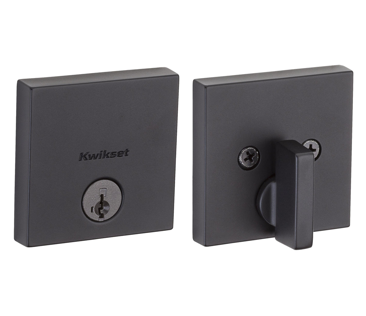 Kwikset 258SQT-514S.STRKP Downtown Square Contemporary Low Profile Single Cylinder SmartKey Deadbolt with 6AL Latch and STRKP Strike Pack which includes Square Corner, Round Corner and 5303 Round Corner Full Lip Strikes KA3 Matte Black Finish.