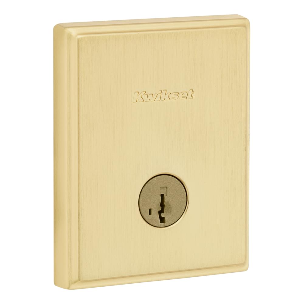 Kwikset 258TRCT-4S.STRKP Crosstown Low Profile Single Cylinder SmartKey Deadbolt with 6AL Latch and STRKP Strike Pack which includes Square Corner, Round Corner and 5303 Round Corner Full Lip Strikes KA3 Satin Brass Finish.