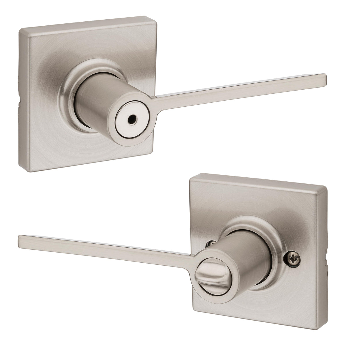 Kwikset 300LRLSQT-15 Ladera Lever with Square Rose Privacy Door Lock with 6AL Latch and RCS Strike Satin Nickel Finish.