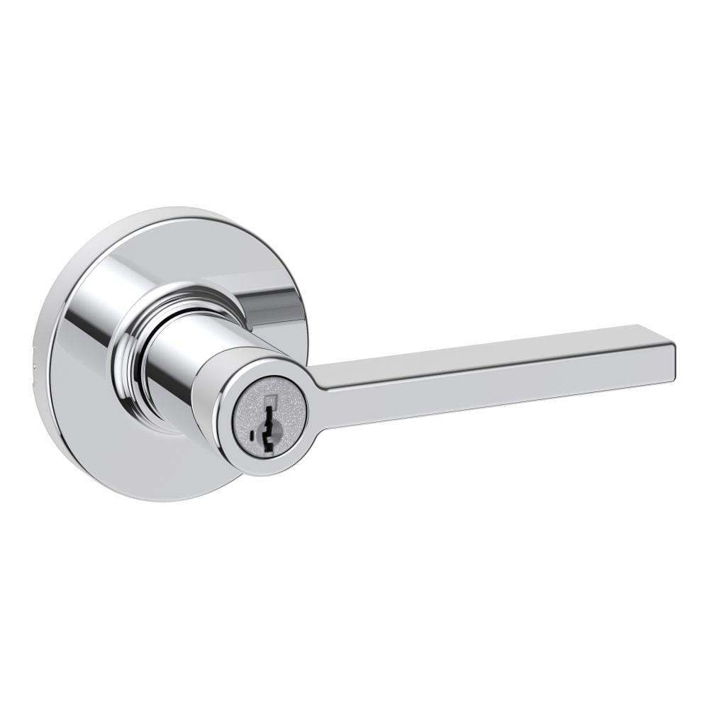 Kwikset 405CSLRDT-26S Casey Lever with Round Rose Entry Door Lock SmartKey with 6AL Latch and RCS Strike Bright Chrome Finish.