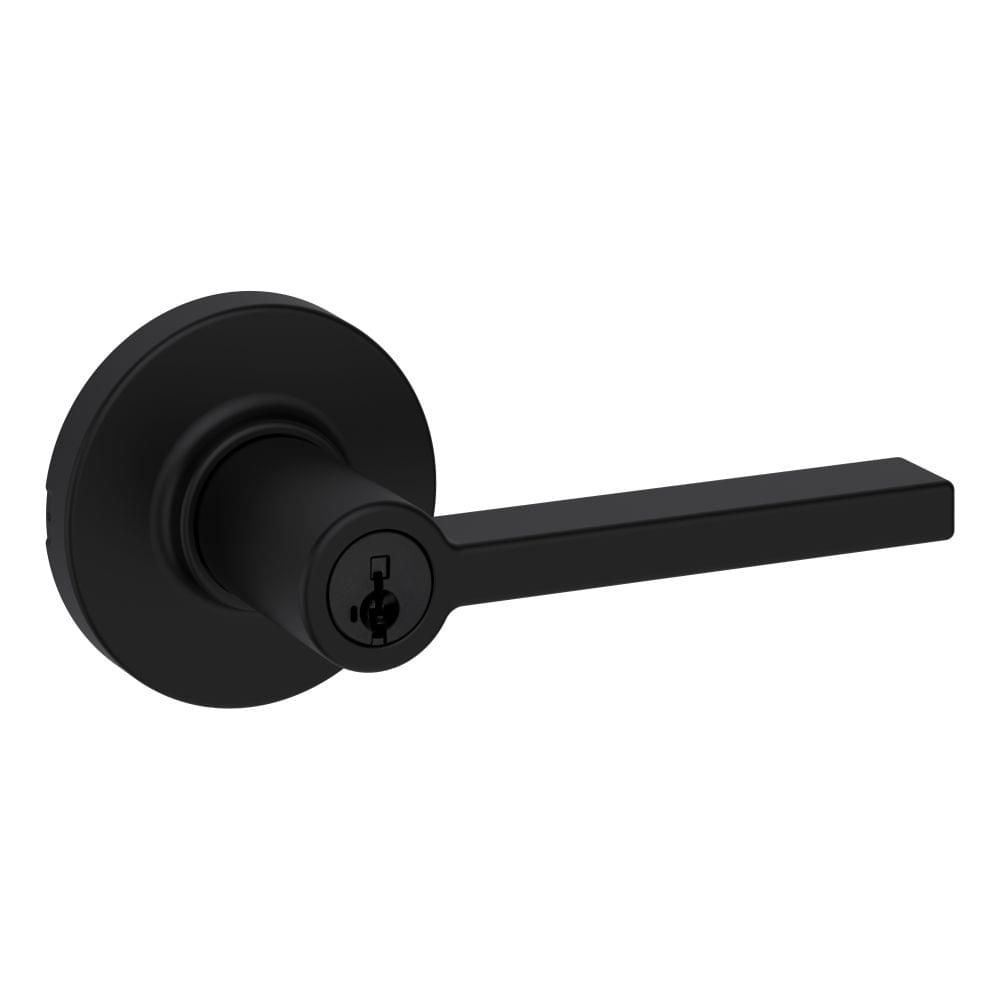 Kwikset 405CSLRDT-514S Casey Lever with Round Rose Entry Door Lock SmartKey with 6AL Latch and RCS Strike Matte Black Finish.