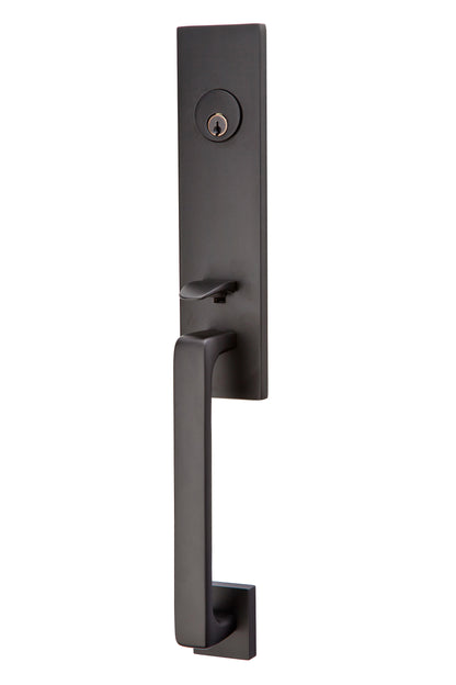 Emtek 4818HLOUS10BLH Helios Lever Left Hand 2-3/8" and 2-3/4" Backset Single Cylinder Davos Tubular Handleset Oil Rubbed Bronze Finish.