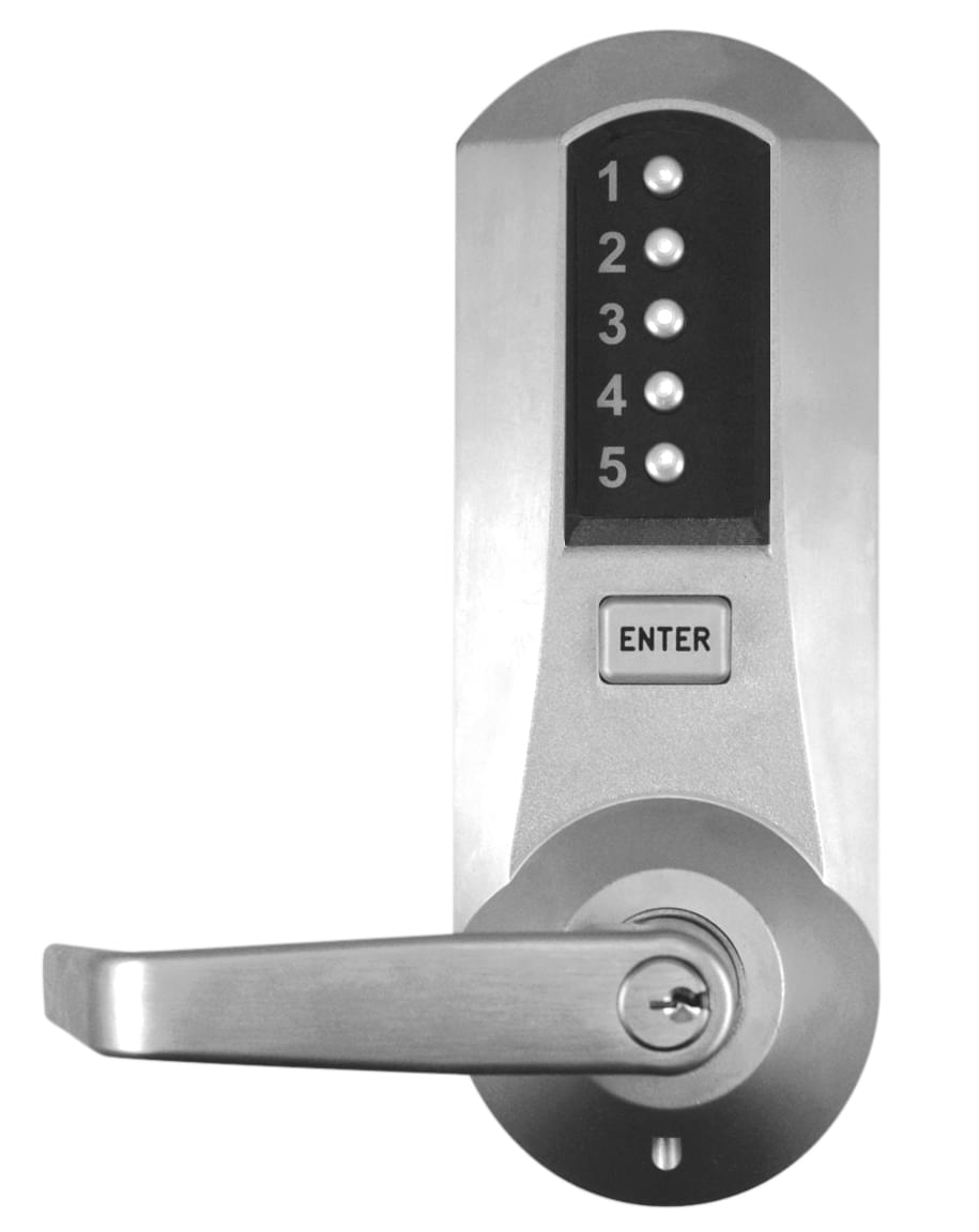 Dormakaba Simplex 5021CWL26D Mechanical Pushbutton Cylindrical Lock with 2-3/4" Backset; Corbin Prep and Winston Lever Satin Chrome Finish.