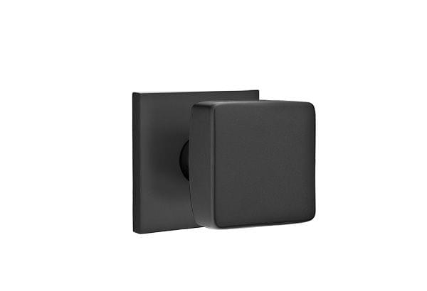 Emtek 5110SQUUS19 Square Knob 2-3/8" Backset Passage with Square Rose for 1-1/4" to 2" Door Flat Black Finish.