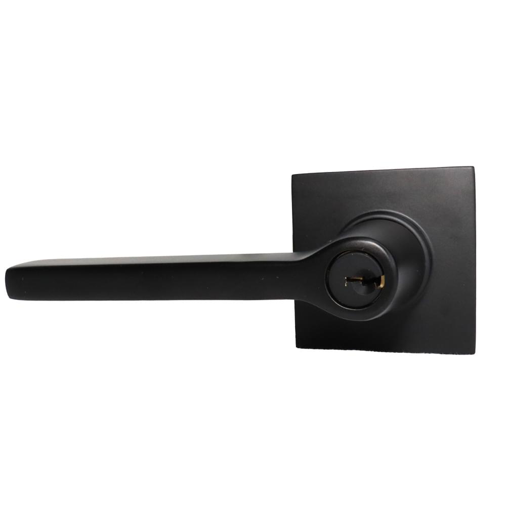 Emtek 5122HLOUS19LH.RLS Helios Lever Left Hand 2-3/8" and 2-3/4" Backset with Radius Latch Strike Keyed Entry with Square Rose for 1-3/8" to 2-1/16" Door Flat Black Finish.