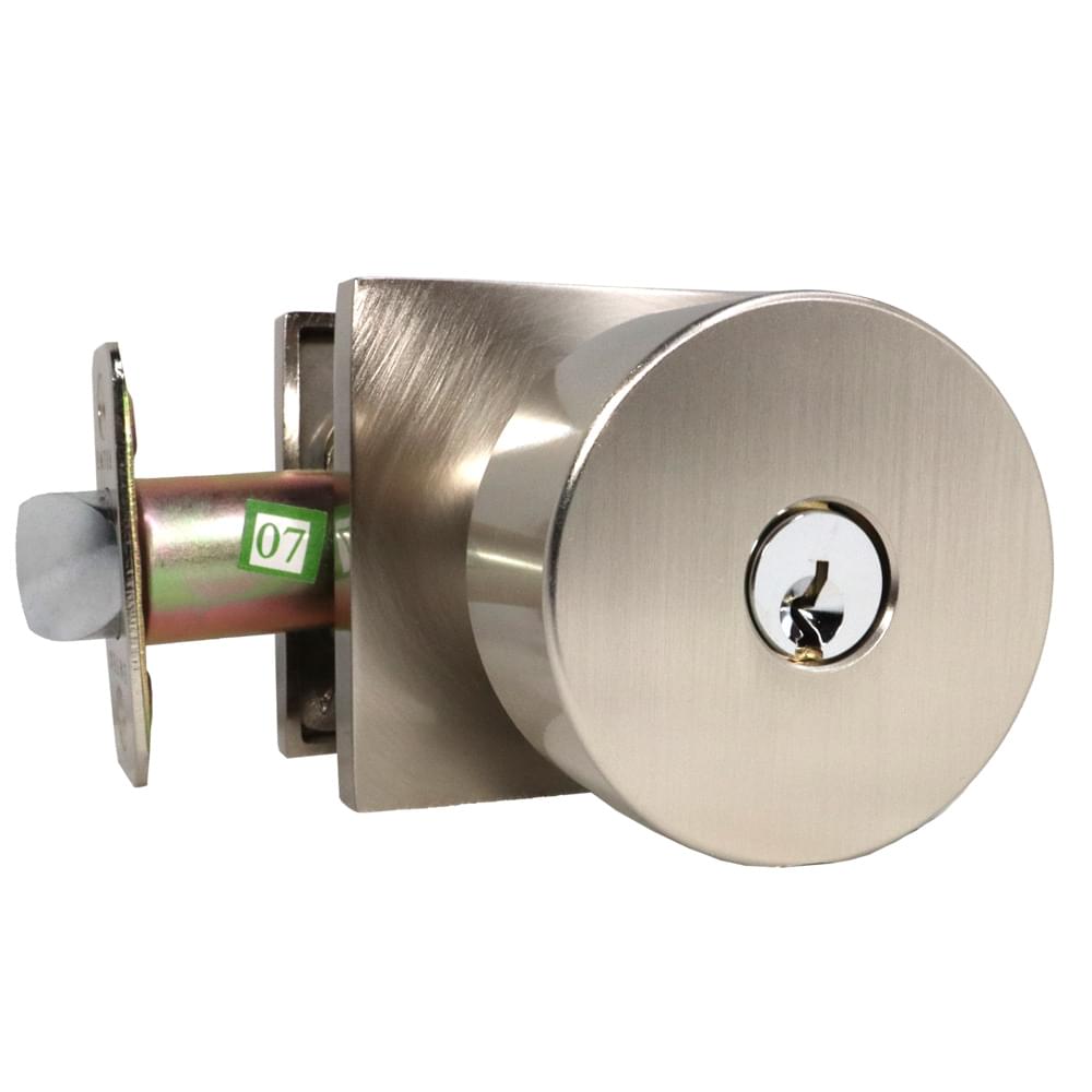 Emtek 5122ROUUS15.RLS Round Knob 2-3/8" and 2-3/4" Backset with Radius Latch Strike Keyed Entry with Square Rose for 1-3/8" to 2-1/16" Door Satin Nickel Finish.