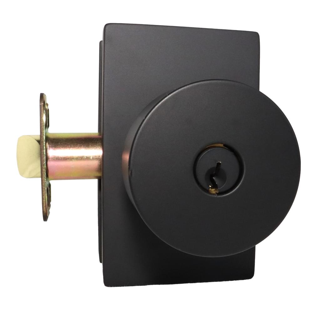 Emtek 5123ROUUS19.RLS Round Knob 2-3/8" and 2-3/4" Backset with Radius Latch Strike Keyed Entry with Modern Rectangular Rose for 1-3/8" to 2-1/16" Door Flat Black Finish.