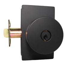 Emtek 5123ROUUS19.RLS Round Knob 2-3/8" and 2-3/4" Backset with Radius Latch Strike Keyed Entry with Modern Rectangular Rose for 1-3/8" to 2-1/16" Door Flat Black Finish.