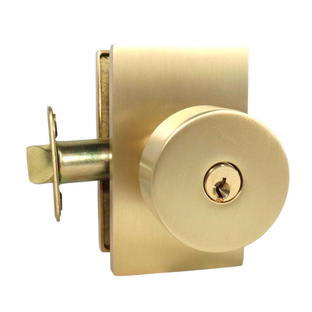 Emtek 5123ROUUS4.RLS Round Knob 2-3/8" and 2-3/4" Backset with Radius Latch Strike Keyed Entry with Modern Rectangular Rose for 1-3/8" to 2-1/16" Door Satin Brass Finish.