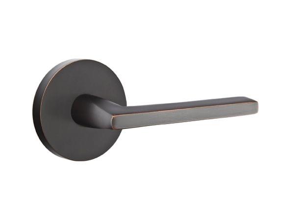 Emtek 5209HLOUS10BLH Helios Lever Left Hand 2-3/8" Backset Privacy with Disk Rose for 1-1/4" to 2" Door Oil Rubbed Bronze Finish.