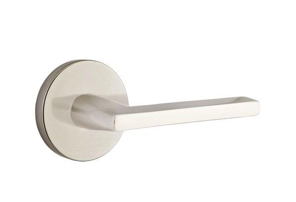 Emtek 5209HLOUS15RH Helios Lever Right Hand 2-3/8" Backset Privacy with Disk Rose for 1-1/4" to 2" Door Satin Nickel Finish.