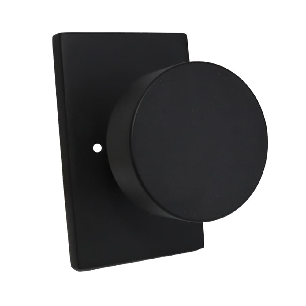 Emtek 5212ROUUS19.RLS Round Knob 2-3/8" Backset with Radius Latch Strike Privacy with Modern Rectangular Rose for 1-1/4" to 2" Door Flat Black Finish.