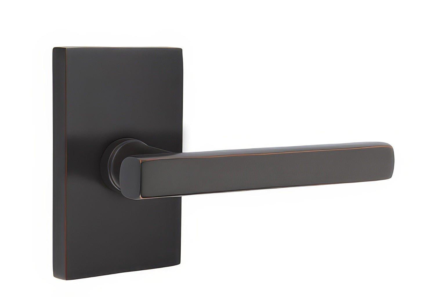 Emtek 5212FRLUSLH Freestone Lever Left Hand 2-3/8" Backset Privacy With Modern Rectangular Rose.