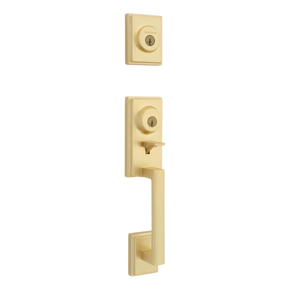 Kwikset CP553PRHXHFLSQT-4S Clear Pack Peralta Single Cylinder 2 Point Handleset with Halifax Lever and Square Rose Interior Trim SmartKey with 4AL Latch and RCS Strike Satin Brass Finish.