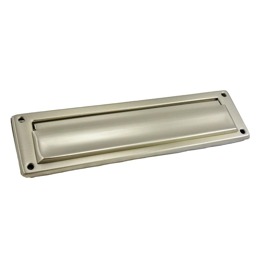 Ives 620B15 Solid Brass Magazine Mail Slot with Spring Loaded Front and Open Back Satin Nickel Finish.